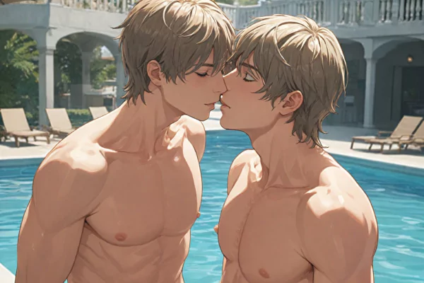 two blonde anime boys kissing by the pool